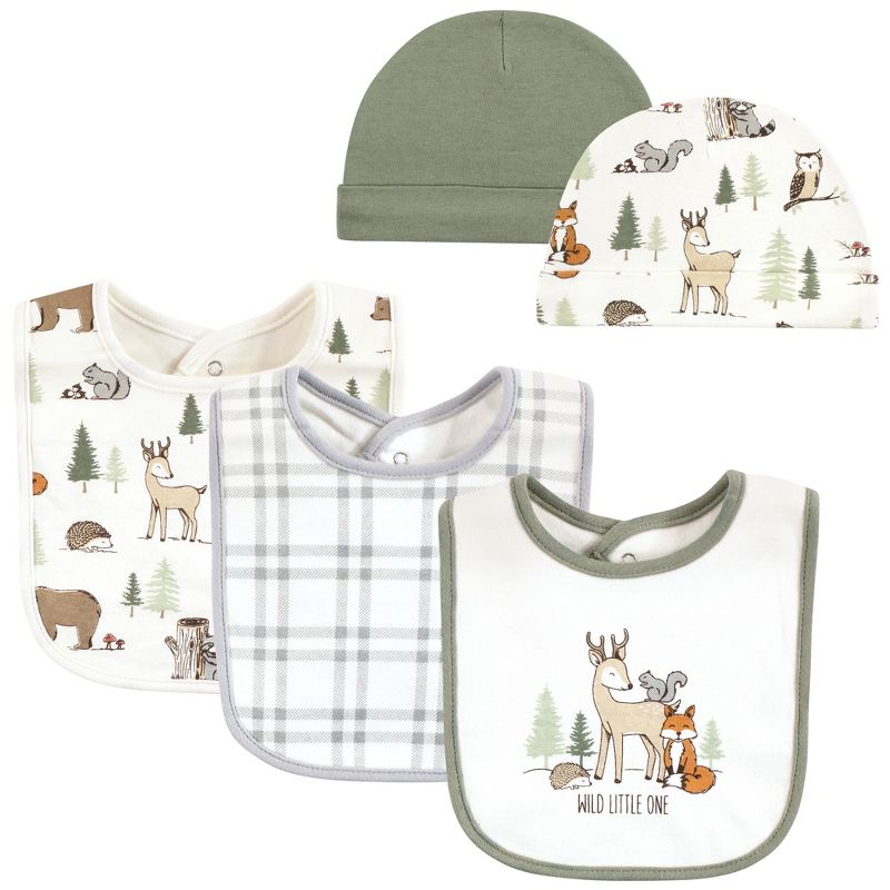 Hudson Baby Infant Boy Cotton Bib and Caps Set, Forest Animals, One Size, 1 of 6