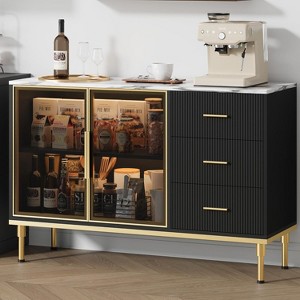 Fluted Sideboards Buffets Cabinet with Glass Doors, 3 Drawers, Marble Top Kitchen Sideboard Cabinet for Dining Room, Living Room - 1 of 4