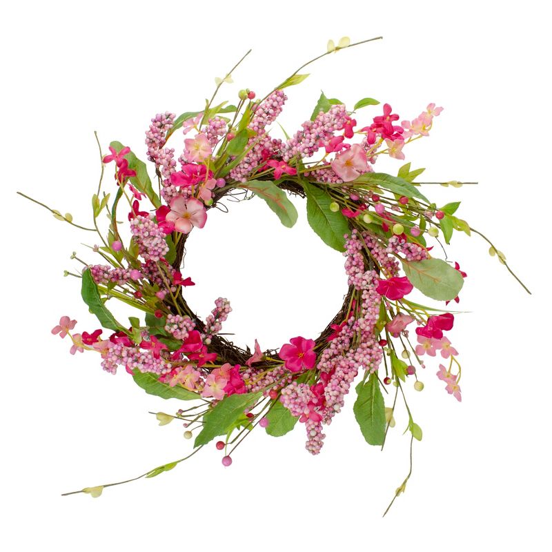 Northlight Geranium and Berry Artificial Spring Floral Wreath, Pink - 18-Inch, 1 of 6