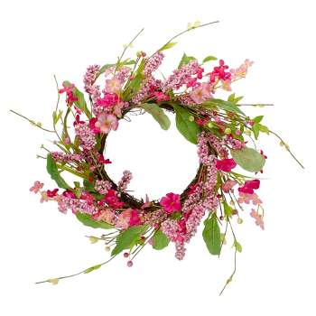 Northlight Geranium and Berry Artificial Spring Floral Wreath, Pink - 18-Inch