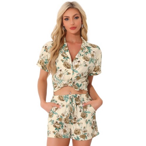 Allegra K Women's Floral Tropical Vacation Beach Hawaiian Button Down Shirt and Short Set - image 1 of 4