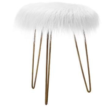 BirdRock Home Round Faux Fur Foot Stool Ottoman - White with Pale Gold Legs