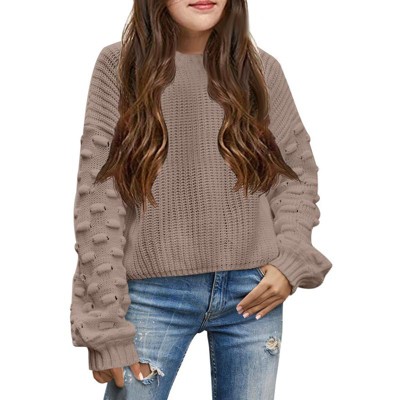 Girls Pullover Sweater Cable Knit Soft Comfy Sweater for Girls Crew Neck Sweater Puff Sleeve Ribbed Knit Cuff