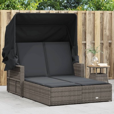 vidaXL Double Sun Lounger with Canopy-Gray Poly Rattan, Adjustable Backrest, Washable Cushions, Outdoor/Patio/Garden Day Bed
