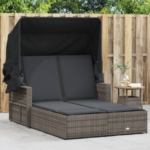 vidaXL Double Sun Lounger with Canopy-Gray Poly Rattan, Adjustable Backrest, Washable Cushions, Outdoor/Patio/Garden Day Bed - 1 of 4