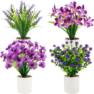 BRINJOY 4-Pack Artificial Potted Flowers - Mini Purple Faux Floral Arrangements for Home, Office, and Spring Decor