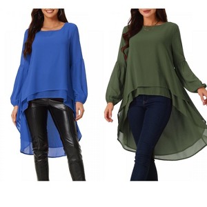 INSPIRE CHIC Women's Lantern Long Sleeve Round Neck High Low Irregular Hem Casual Blouse 2 Packs - 1 of 4