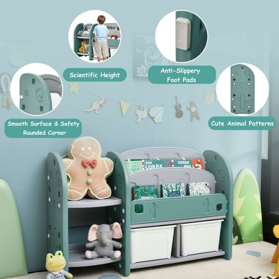 Costway Kids Toy Storage Organizer w/ 2-Tier Bookshelf & Plastic Bins