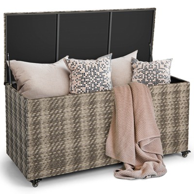 Tangkula 96 Gallon Outdoor Storage Box PE Wicker Deck Box with 4 Wheels & Waterproof Liner Patio Rattan Storage Container Mix Brown/Mix Grey
