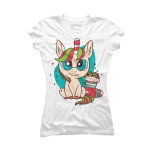 Junior's Design By Humans Christmas Candy Cane Unicorn With Stocking By rasok T-Shirt - 1 of 3