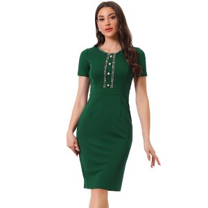 Allegra K Women's Work Business Round Neck Tweed Trim Short Sleeve Sheath Dress - 1 of 4