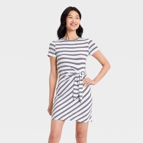 Женские платья A New Day Women's Short Sleeve Tie-Front Knit Mini Dress - A New Day™ White/Black Striped S