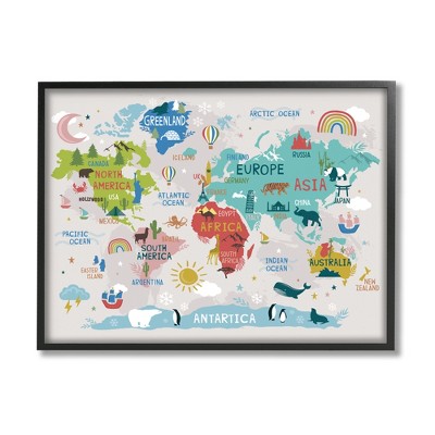 Stupell Industries Landmarks & Wildlife Illustration World Map Diagram Chart Black Framed Giclee Art