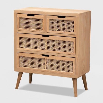 Alina Wood And Rattan 4 Drawer Accent Chest Oak - Baxton Studio