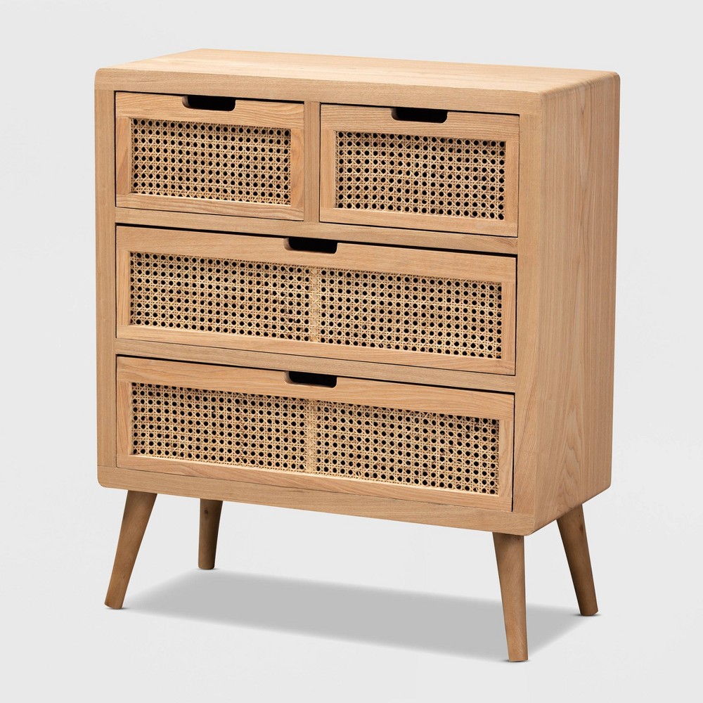 Photos - Dresser / Chests of Drawers Alina Wood and Rattan 4 Drawer Accent Chest Oak - Baxton Studio