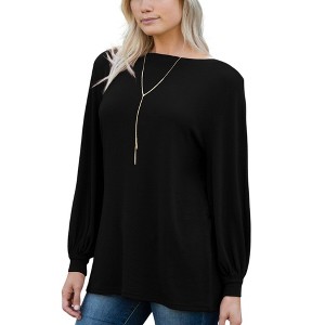 Amaryllis Women's Long-Sleeve Casual Boat Neck Loose-Fit Blouse Soft Stretchy Knit - 1 of 3