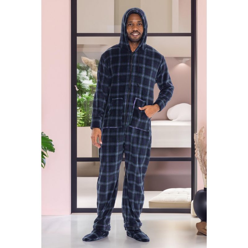 Men's Plush Fleece One Piece Hooded Footed Zipper Pajamas Set, Soft Adult Onesie Footie with Hood, 5 of 10