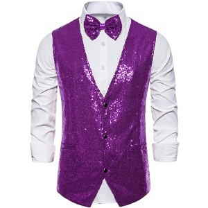 Lars Amadeus Men's Sequin Shiny Slim Fit Sleeveless Suit Waistcoat Set with Bow Tie - 1 of 4