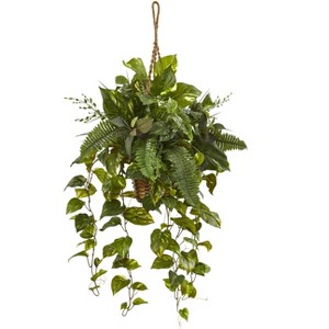 Nearly Natural Mixed Pothos and Boston Artificial Fern in Hanging Basket - 1 of 1