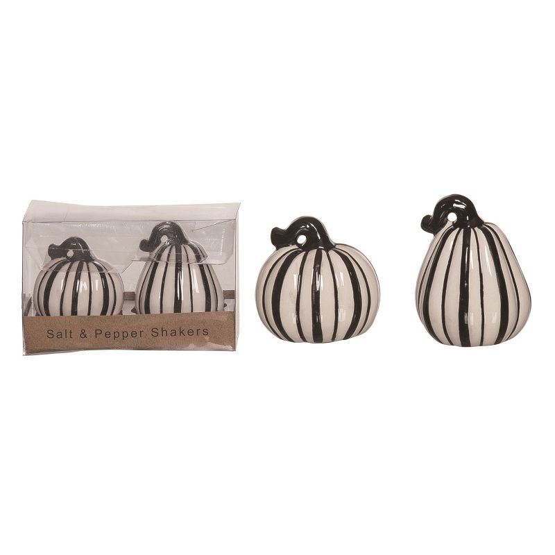 Transpac Halloween Stripe Pumpkin Dolomite Salt and Pepper Shakers Collectables Black and White 3 in. Set of 2, 1 of 2