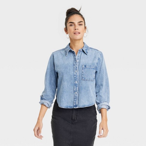 Women's Long Sleeve Collared Cropped Button-Down Shirt - Universal Thread™  Indigo XS