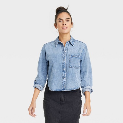 Women's Long Sleeve Collared Cropped Button-down Shirt - Universal