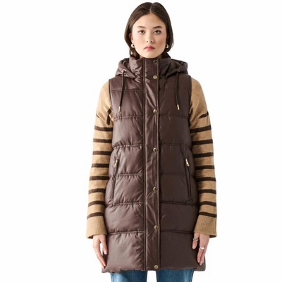 Women's Hooded Faux Leather Puffer Vest - Dex