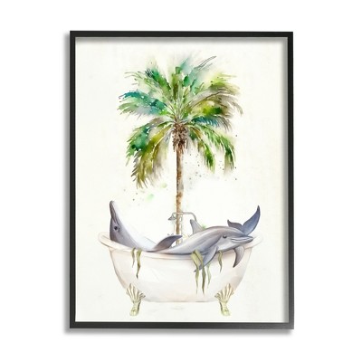 Stupell Industries Tropical Dolphins Bathroom Tub Framed Giclee
