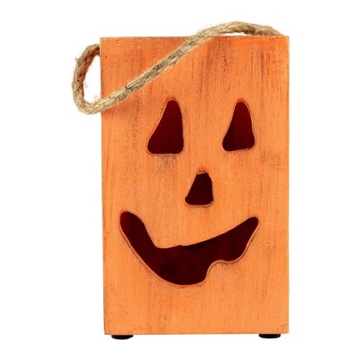 Northlight 8" Large Orange Wood Jack O Lantern Halloween Candle Lantern