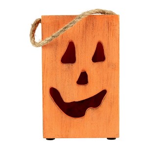 Northlight 8" Large Orange Wood Jack O Lantern Halloween Candle Lantern - 1 of 4