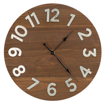 12" Frameless Rustic Walnut Wood Plank Wall Clock with Galvanized Metal Numbers Walnut - Patton Wall Decor