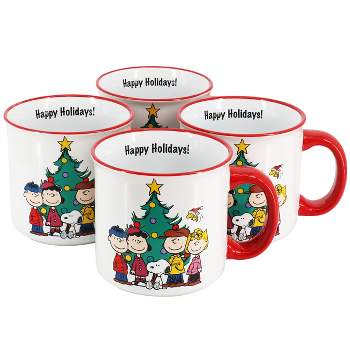 Peanuts Charlie Brown and Friends 4 Piece 21oz Stoneware Happy Holidays Mug Set in Red and Multi