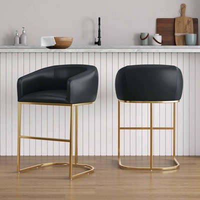 Set of 2 Black Leather and Gold Metal Barstools