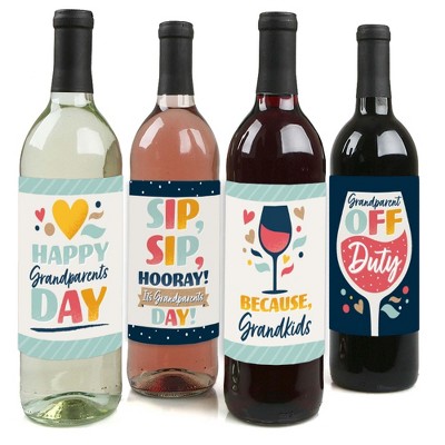 Big Dot of Happiness Happy Grandparents Day - Grandma & Grandpa Party Decorations for Women and Men - Wine Bottle Label Stickers - Set of 4