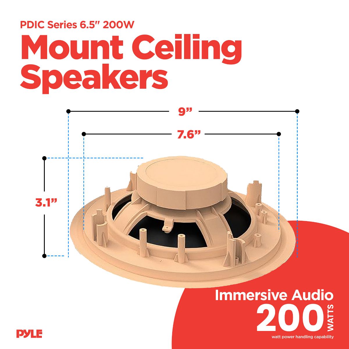 Pyle 2 Pair Speakers, 200W 6.5" Round Flush Mount In Wall/In Ceiling Home Speakers with Spring-Loaded Terminals, PDIC Series, Tan - thumbnail 3