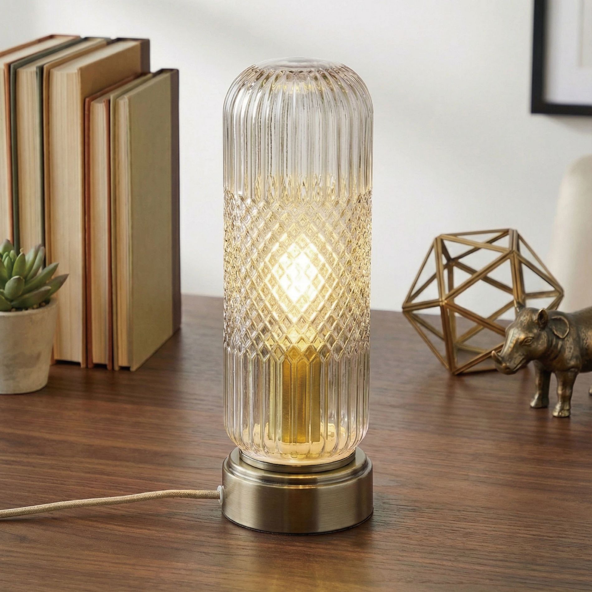 11.6 inch Touch Dimmable Table Lamp, Ribbed Glass Shade with Metal Base – Accent Lamp for Bedroom, Living Room, Bookshelf, Nightstand & Entryway