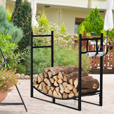 Black Steel 33" Indoor/Outdoor Firewood Rack with Kindling Holder