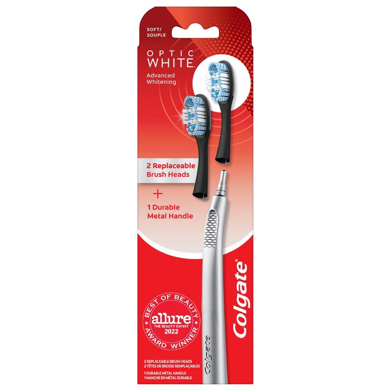 Colgate Optic White Toothbrush with Metal Handle and 2 Replaceable Brush Heads - Silver - Soft - Trial Size, 1 of 10