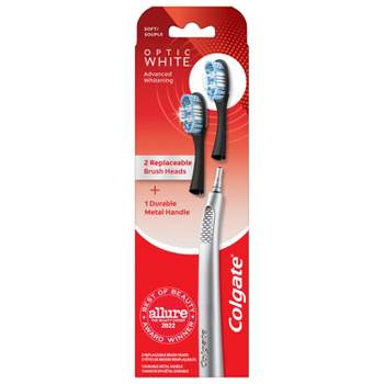 Colgate Optic White Toothbrush with Metal Handle and 2 Replaceable Brush Heads - Silver - Soft - Trial Size