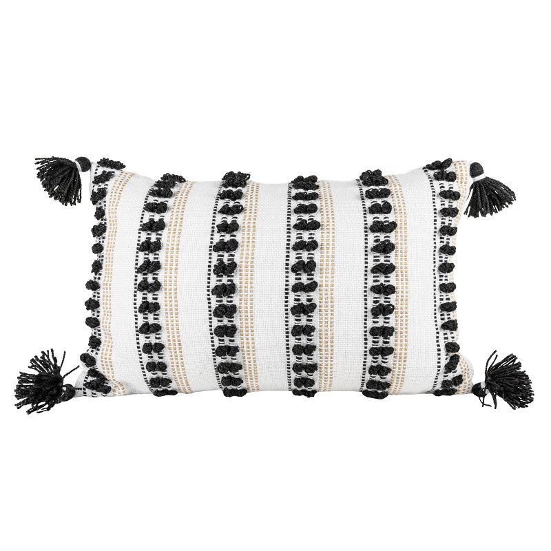 Black Tassels, Tan Striped 14X22 Hand Woven Filled Outdoor Pillow - Foreside Home & Garden, 1 of 7