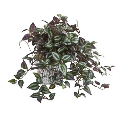 15" Green and Purple Plastic Vine in Vintage Metal Hanging Planter