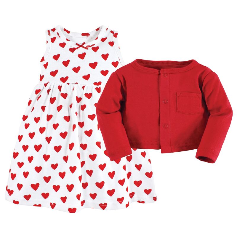 Hudson Baby Infant and Toddler Girl Cotton Dress and Cardigan Set, Red Hearts, 3 of 6