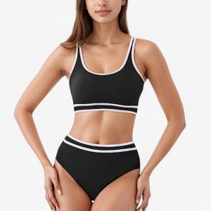 Anna-Kaci Swim Women's Sporty High Waist Bikini Set with Contrast Trim and Scoop Neck Crop Top - 1 of 4