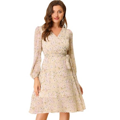 Allegra K Women's Boho Floral V Neck Tie Waist Long Sleeve Chiffon Wrap Midi Dress