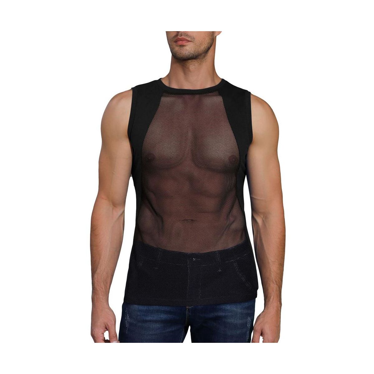 Men's Mesh Sheer Sport Tank Top See Through Sleeveless Tops Shirts for Nightclub Beach Tank Top Sleeveless Muscle Workout Crew Neck Tee Shirt