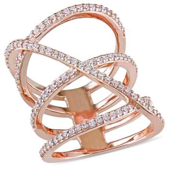 1.06 CT. T.W. Cubic Zirconia Openwork Crossover Ring in Pink Plated Sterling Silver - 9" - White