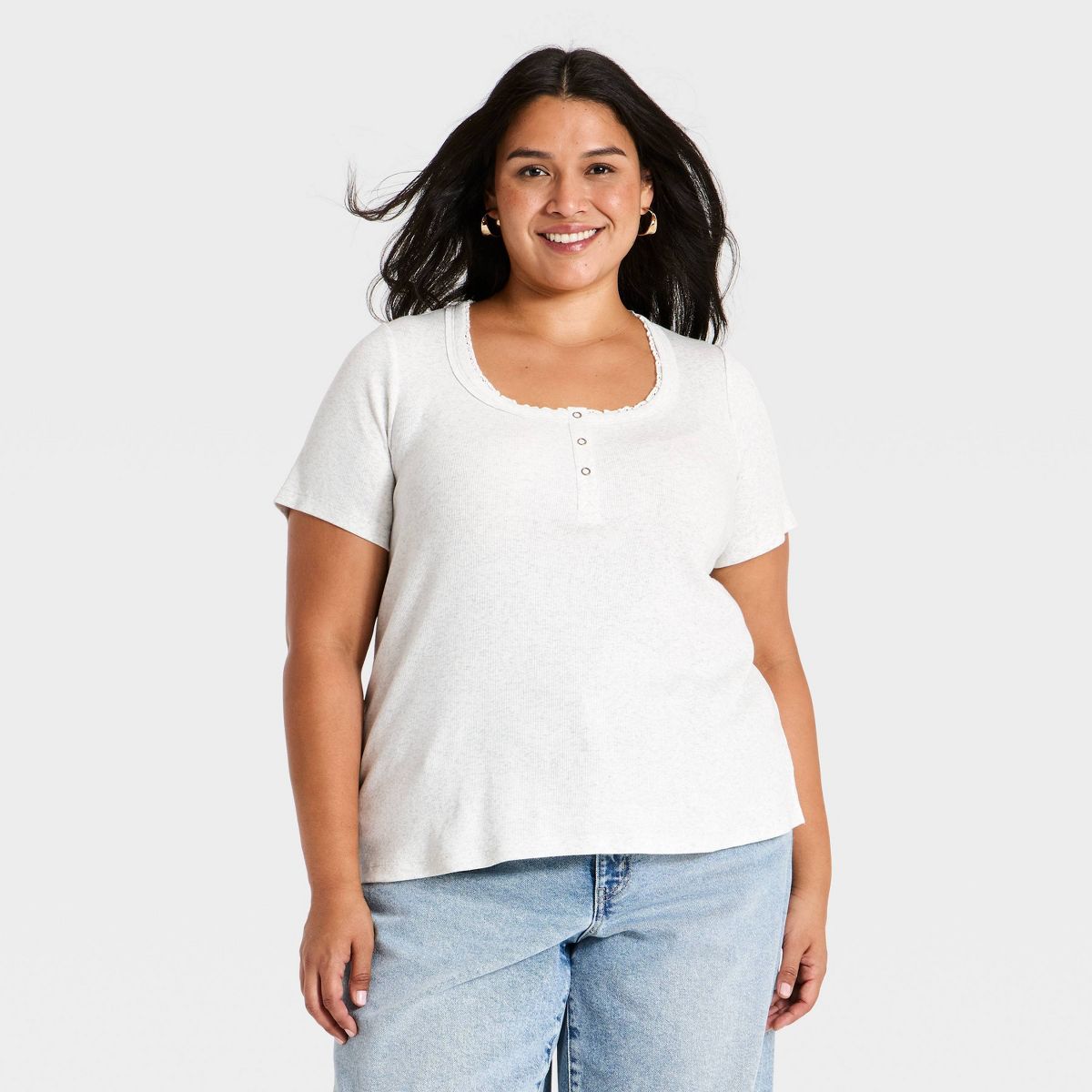 Women's Plus Short Sleeve Scoop Neck Button-Front Henley Top - Ava & Viv™ - thumbnail 4