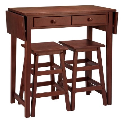 3pc Breakfast Table Set with Double Drop Leaf and Wooden Seating Brown - The Urban Port