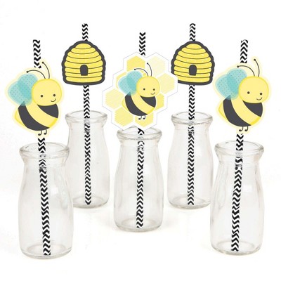 Big Dot of Happiness Honey Bee Paper Straw Decor - Baby Shower or Birthday Party Striped Decorative Straws - Set of 24
