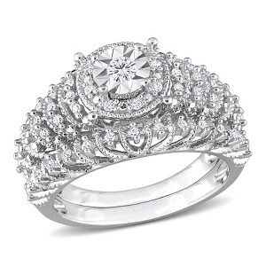 EVERLY JEWELRY | Sterling Silver 7/8 CT TDW Diamond Halo 2-Piece Bridal Ring Set - 1 of 4